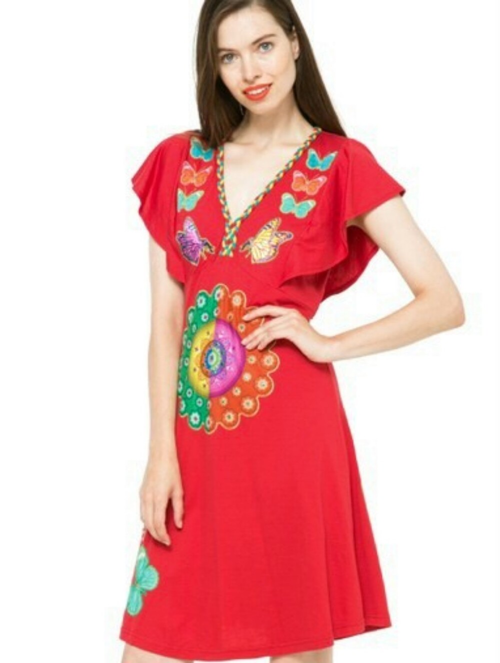 Desigual Embroidered Butterfly Mandala Dress M Red Tie Back Feminine Art